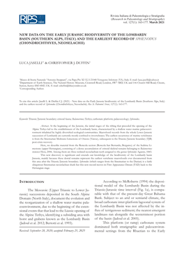 New Data on the Early Jurassic Biodiversity of the Lombardy Basin (Southern Alps, Italy) and the Earliest Record of Sphenodus (Chondrichthyes, Neoselachii)