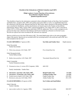 Checklist of the Echinoderms of British Columbia (April 2007) by Philip