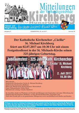 „Cäcilia“ St. Michael Kirchberg Feiert Am 02.07.2017 Um 10:30 Uhr Mit Einem Festgottesdienst in Der St