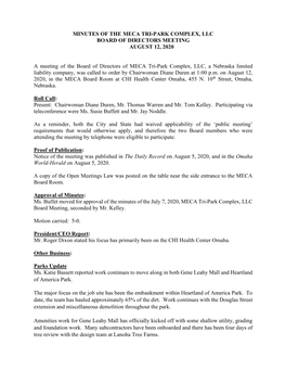 Minutes of the Meca Tri-Park Complex, Llc Board of Directors Meeting August 12, 2020