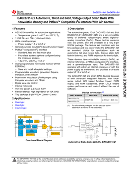 Auto 10-Bit, 8-Bit Voltage-Output Smart Dacs W/NVM, PMBUS I2C