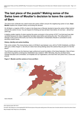 (EUROPP) Blog: the Last Piece of the Puzzle? Making Sense of the Swiss Town of Moutier’S Decision to Leave the Canton Page 1 of 4 of Bern