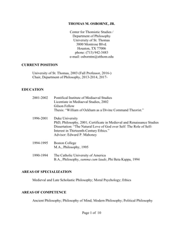 Page 1 of 10 THOMAS M. OSBORNE, JR. Center for Thomistic Studies / Department of Philosophy University of St. Thomas 3800 Montr