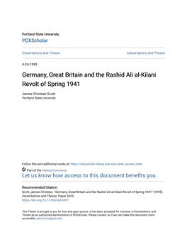 Germany, Great Britain and the Rashid Ali Al-Kilani Revolt of Spring 1941