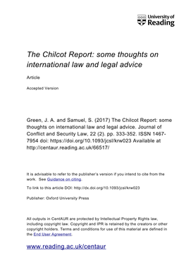 The Chilcot Report: Some Thoughts on International Law and Legal Advice