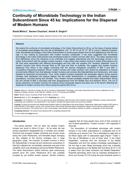 Continuity of Microblade Technology in the Indian Subcontinent Since 45 Ka: Implications for the Dispersal of Modern Humans