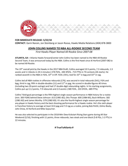 JOHN COLLINS NAMED to NBA ALL-ROOKIE SECOND TEAM First Hawks Player Named All-Rookie Since 2007-08