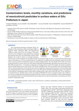 Contamination Levels, Monthly Variations, and Predictions of Neonicotinoid Pesticides in Surface Waters of Gifu Prefecture in Japan