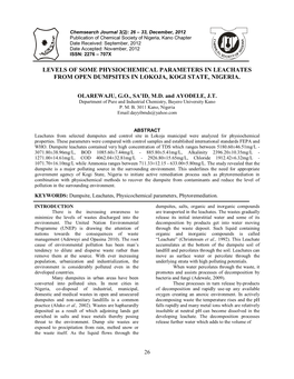 Levels of Some Physiochemical Parameters in Leachates from Open Dumpsites in Lokoja, Kogi State, Nigeria