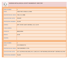 Nigerian Metallurgical Society Membership Directory