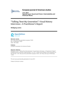 European Journal of American Studies, 12-4 | 2017 “Talking ’Bout My Generation”: Visual History Interviews—A Practitioner’S Report 2