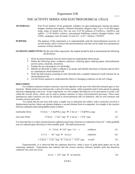 The Activity Series and Electrochemical Cells