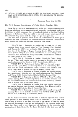 4333. APPROVAL: LEASE to CANAL LANDS in HOCKING COUNTY for GAS MAIN PURPOSES-OHIO FUEL GAS COMPANY ·Of COLU~,I­ BUS, OHIO