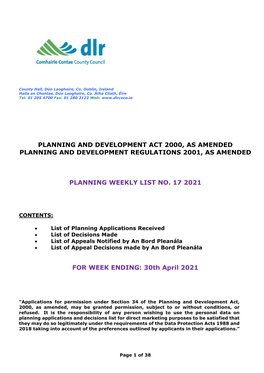 Planning and Development Act 2000, As Amended Planning and Development Regulations 2001, As Amended