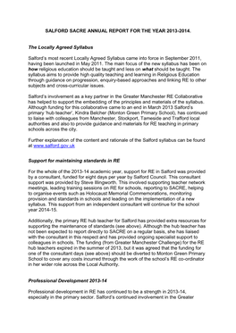 2013-14 Academic Year, Support for RE in Salford Was Provided by a Consultant, Funded for Eight Days Per Year by Salford Council