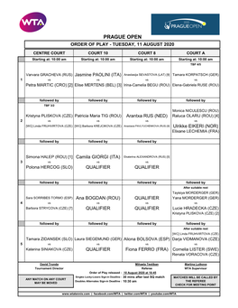 Prague Open Order of Play - Tuesday, 11 August 2020