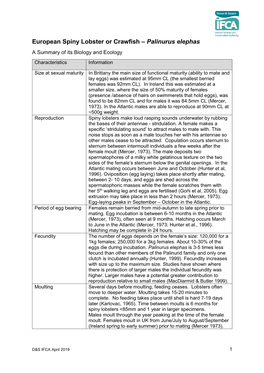 European Spiny Lobster Or Crawfish – Palinurus Elephas a Summary of Its Biology and Ecology