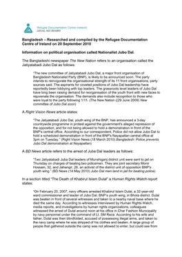 Bangladesh Researched and Compiled by the Refugee Documentation Centre of Ireland on 20 September 2010