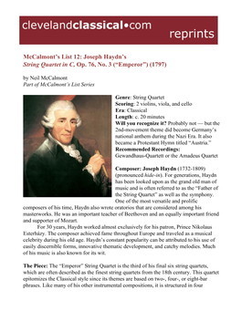 Mccalmont's List 12: Joseph Haydn's String Quartet