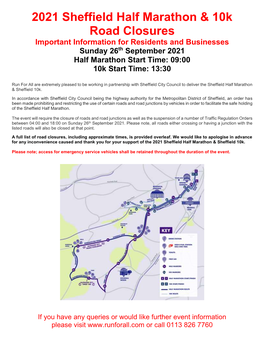 2021 Sheffield Half Marathon & 10K Road Closures