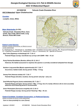 Georgia Ecological Services U.S. Fish & Wildlife Service HUC 10 Watershed Report