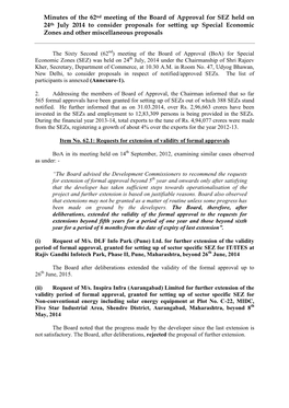 Minutes of the 62Nd Boa SEZ Meeting Held on 24Th July, 2014 Size