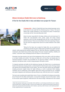 Alstom Introduces Citadis X05 Trams to Kaohsiung a First for the Citadis X05 in Asia and Debut Tram Project for Taiwan