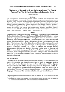 The Spread of Kiswahili Lexis Into the Interior Bantu: the Case of Names of New World Cereals and Tubers in Tanzanian Bantu