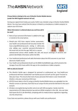 Privacy Notice Relating to the Use of Alivecor Kardia Mobile Devices (Under the NHS England National Roll Out)