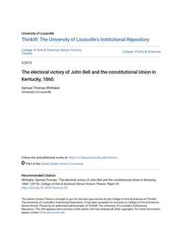 The Electoral Victory of John Bell and the Constitutional Union in Kentucky, 1860