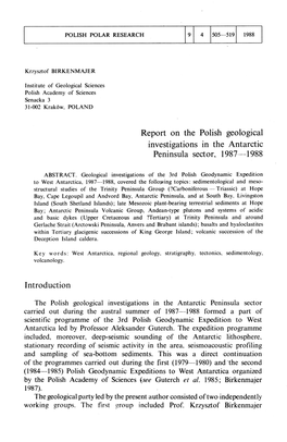Report on the Polish Geological Investigations in the Antarctic Peninsula Sector, 1987—1988