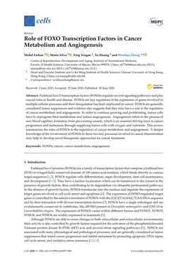 Role of FOXO Transcription Factors in Cancer Metabolism and Angiogenesis