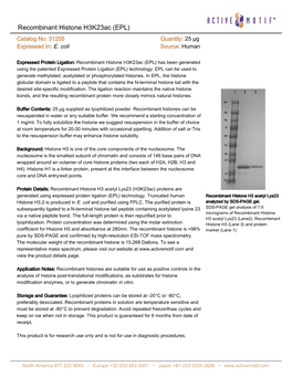 Recombinant Histone H3k23ac (EPL) Catalog No: 31255 Quantity: 25 Μg Expressed In: E