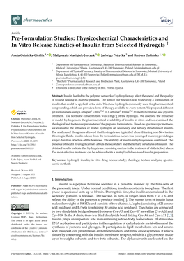 Physicochemical Characteristics and in Vitro Release Kinetics of Insulin from Selected Hydrogels †