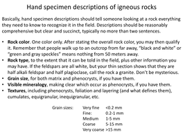 Hand Specimen Descriptions of Igneous Rocks