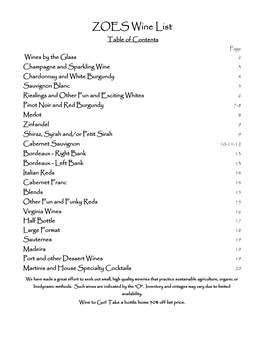 ZOËS Wine List