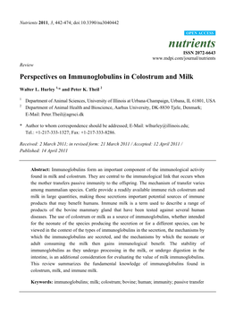 Perspectives on Immunoglobulins in Colostrum and Milk