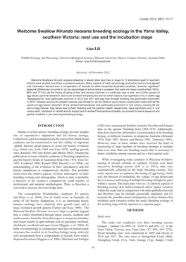 Welcome Swallow Hirundo Neoxena Breeding Ecology in the Yarra Valley, Southern Victoria: Nest Use and the Incubation Stage