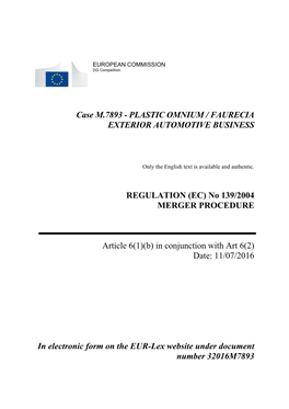 Case M.7893 - PLASTIC OMNIUM / FAURECIA EXTERIOR AUTOMOTIVE BUSINESS