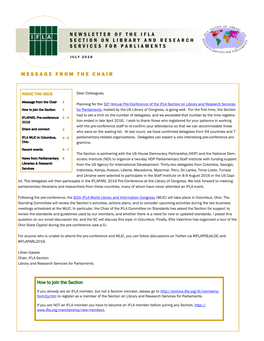 Message from the Chair Newsletter of the Ifla Section on Library and Research Services for Parliaments