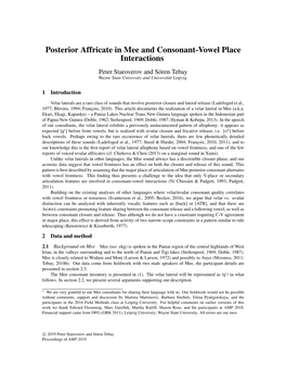 Posterior Affricate in Mee and Consonant-Vowel Place Interactions Peter Staroverov and Soren¨ Tebay Wayne State University and Universitat¨ Leipzig