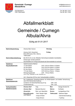Abfallmerkblatt Gemeinde / Cumegn Albula/Alvra