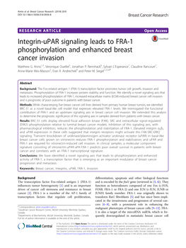 Integrin-Upar Signaling Leads to FRA-1 Phosphorylation and Enhanced Breast Cancer Invasion Matthew G