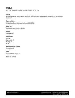 Whole Genome Association Analysis of Treatment Response in Obsessive-Compulsive Disorder