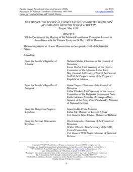 MEETING of the POLITICAL CONSULTATIVE COMMITTEE FORMED in ACCORDANCE with the WARSAW TREATY Prague, May 1958 MINUTES of the Deci