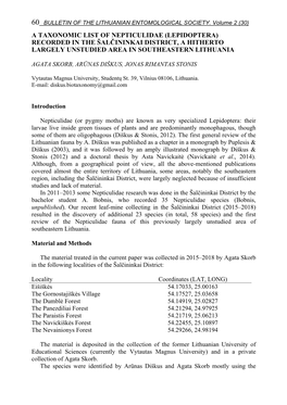 A Taxonomic List of Nepticulidae (Lepidoptera) Recorded in the Šalčininkai District, a Hitherto Largely Unstudied Area in Southeastern Lithuania