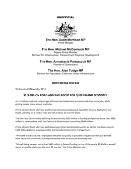 The Hon. Scott Morrison MP the Hon. Michael Mccormack MP the Hon. Annastacia Palaszczuk MP the Hon. Alan Tudge MP JOINT MEDIA RE