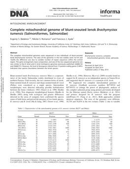 Complete Mitochondrial Genome of Blunt-Snouted Lenok Brachymystax Tumensis (Salmoniformes, Salmonidae)