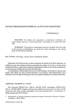 Datos Corológicos Sobre El Alto Tajo Caracense
