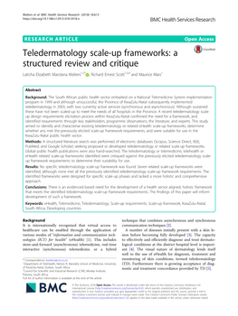 Teledermatology Scale-Up Frameworks: a Structured Review and Critique Laticha Elizabeth Marolana Walters1,2* , Richard Ernest Scott1,3,4 and Maurice Mars1
